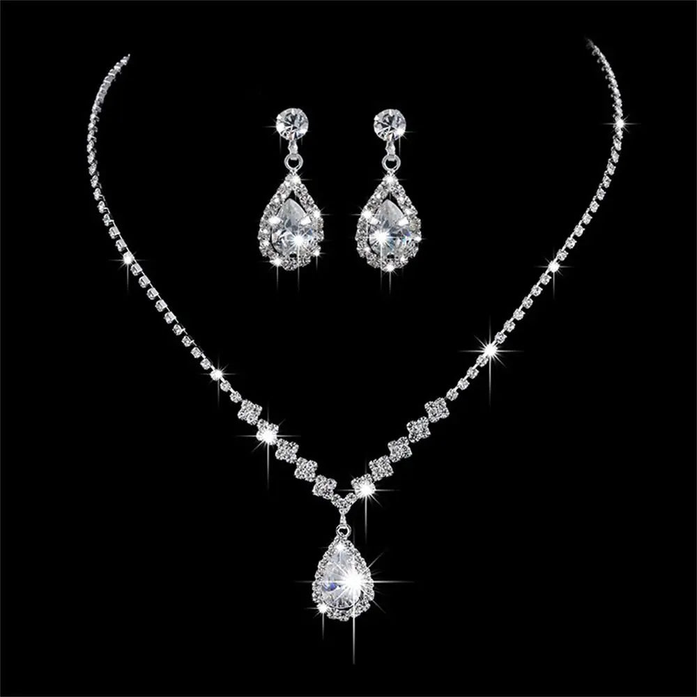 Wedding Dress Crystal Jewelry Set Shiny Banquet Ladies Rhinestone Necklace Earrings Bride Jewelry Gifts