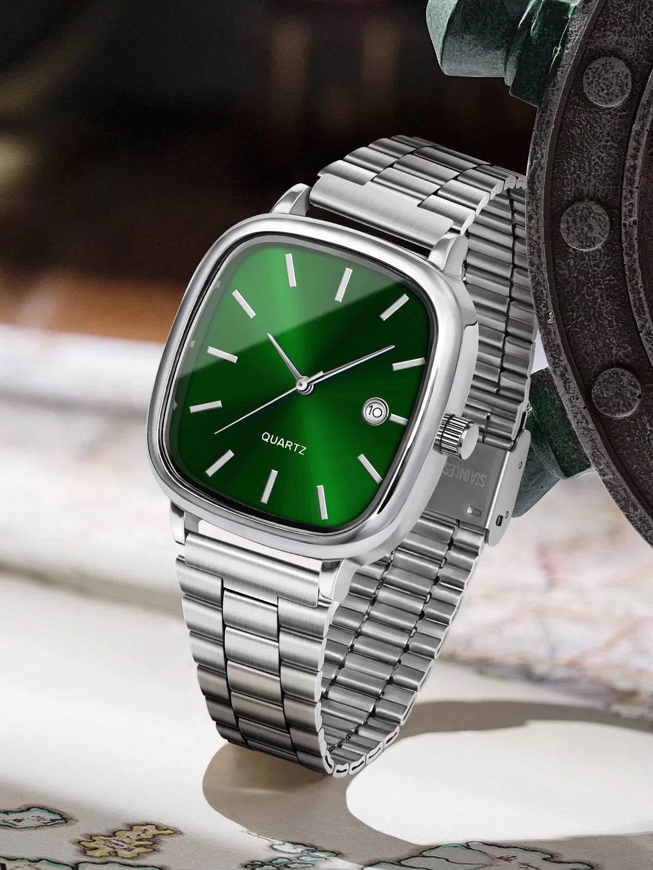 LUCKY FOX Modern minimalist square watch Business mens metal watch stainless steel chain multi-scene commuter watch