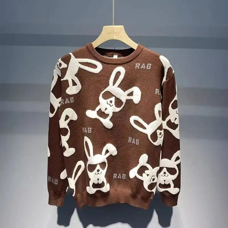 Sweater Men's Autumn Winter New Personality Rabbit Round Neck Casual Knitted Sweaters Flocking Print Long Sleeves Slim Pullover
