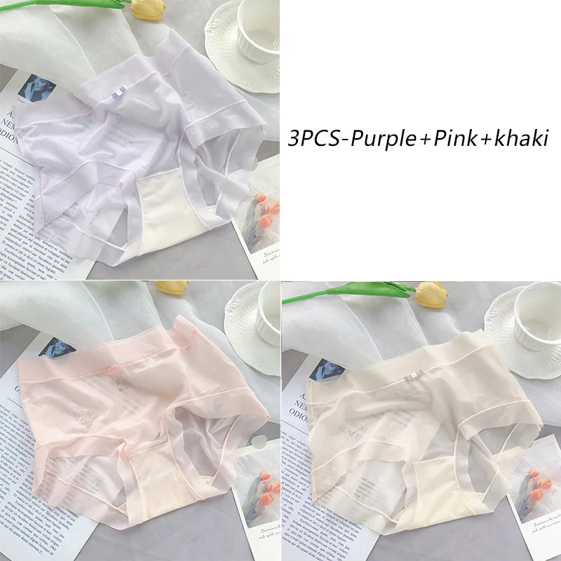 3PCS Women Seamless Panties Ice Silk Transparent Breathable Antibacterial Panty Mid-waist Briefs Cotton Underwear