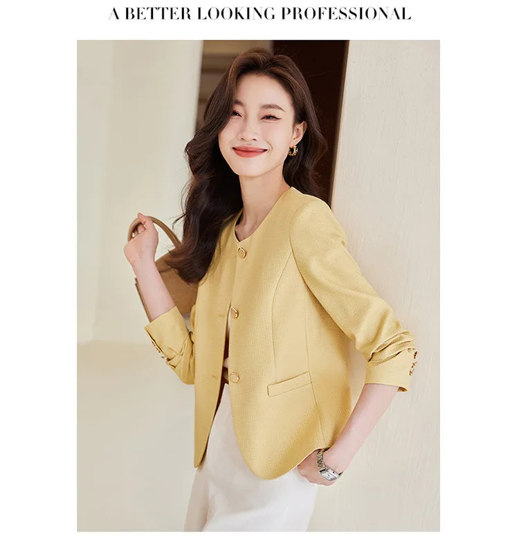 High quality blazer for women short jacket single breasted O neck spring autumn elegant office clothes pink yellow blue white