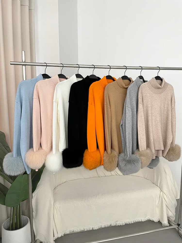 Sweater Women 2024 Autumn Winter Fashionable Sweaters with Real Fox Fur Sleeves Slim Fit Sweaters Fur Knitwear England Style