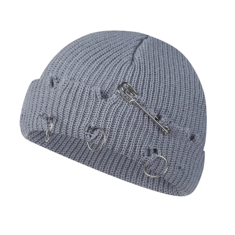 Hat for Women Autumn and Winter Ring Pin Street Hip-Hop Woolen Hats with Holes Edging Knit Cap Men's Trendy Cold-proof Beanies