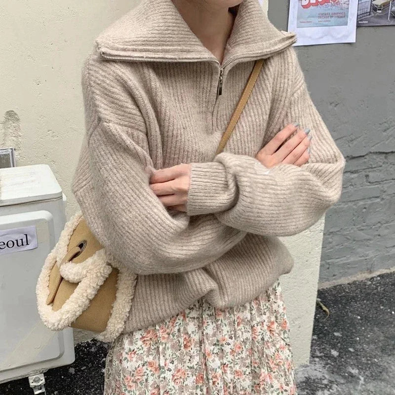 Women's Sweaters 2025 Autumn Winter Long Sleeve Top Loose Knitted Turtleneck Zipper Fashion Pullover Women Oversized Sweater