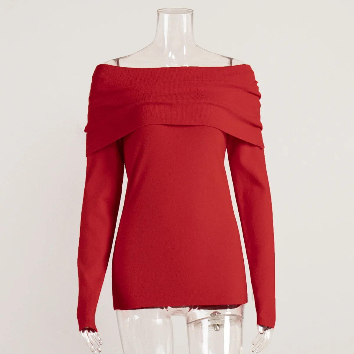 Sweater Women's Autumn and Winter Style Long Sleeved Knitted Base Shirt, One Shoulder Sexy Slim Fit Off Shoulder Top