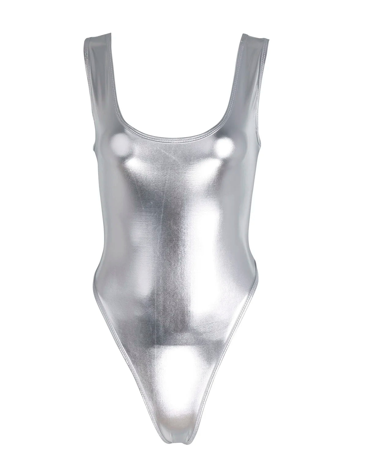 Women Sexy High Cut Bodysuit with Stocking Outfits Metallic Glossy Sleeveless Stretchy Tights One-piece Swimsuit Clubwear