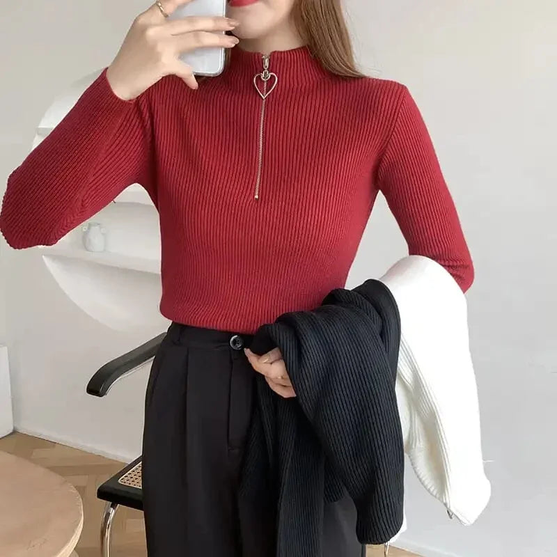 Sweater Women's Autumn and Winter New Semi-turtleneck Love Zipper Core-spun Yarn Bottomed Knitted Sweater Thermal Top