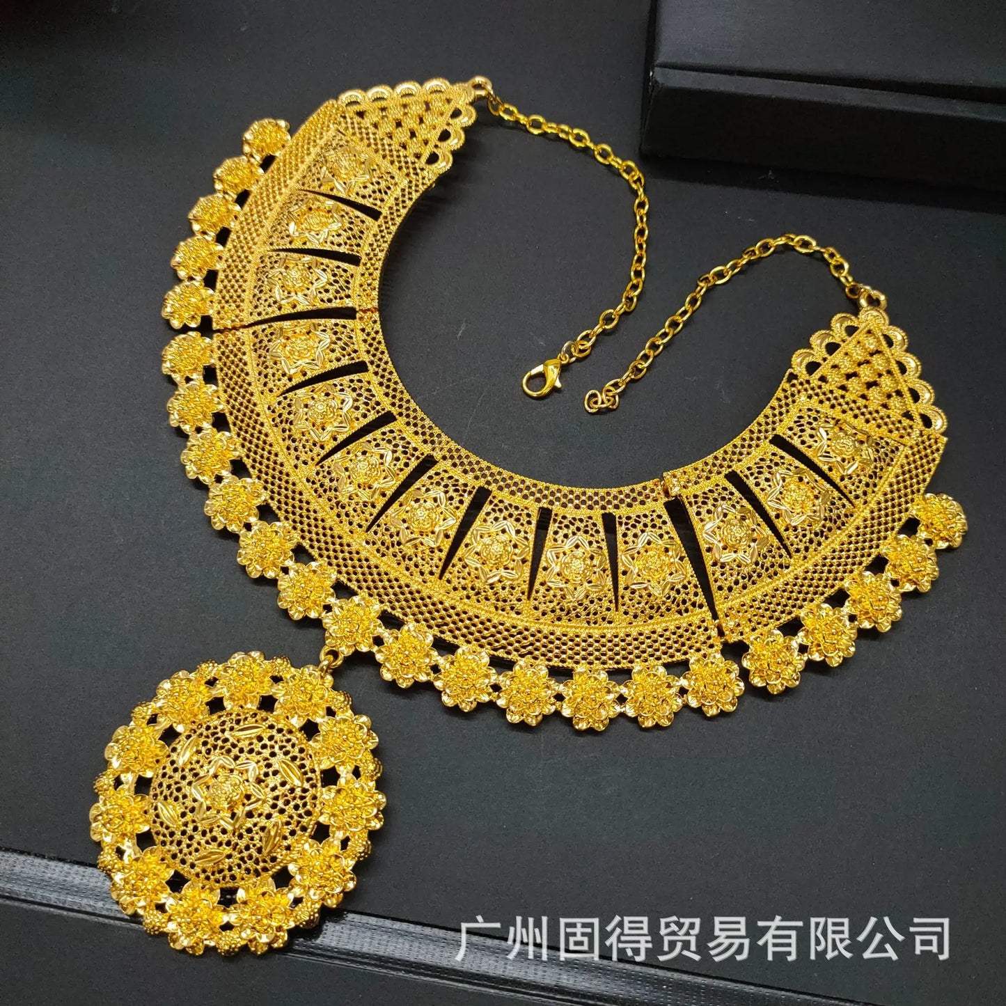 24k gold-plated exaggerated large-scale alloy necklace earrings bracelet ring women's wedding jewelry set
