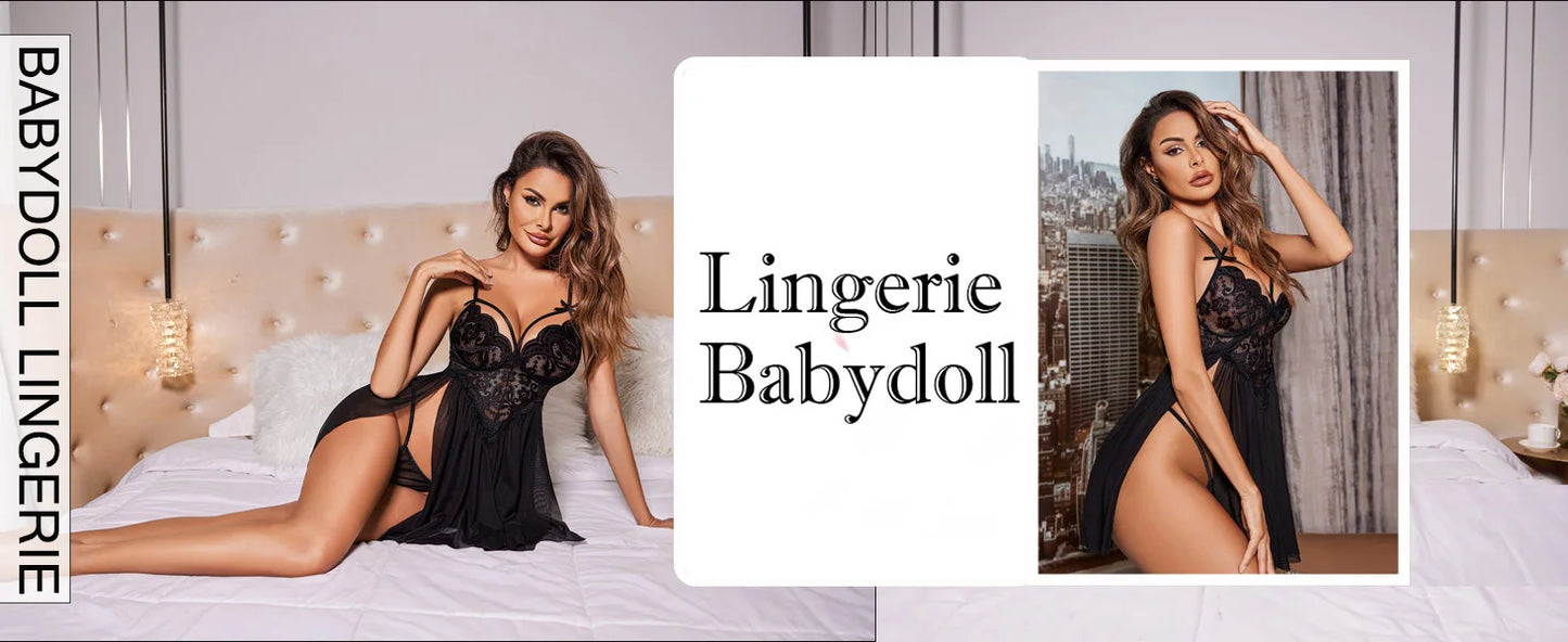 New Sexy Nightgown White Lace Babydoll Set Women's Romantic Sheer Floral Lingerie Flowy Skirt Chemise Mini Dress Hot Sale Nighty