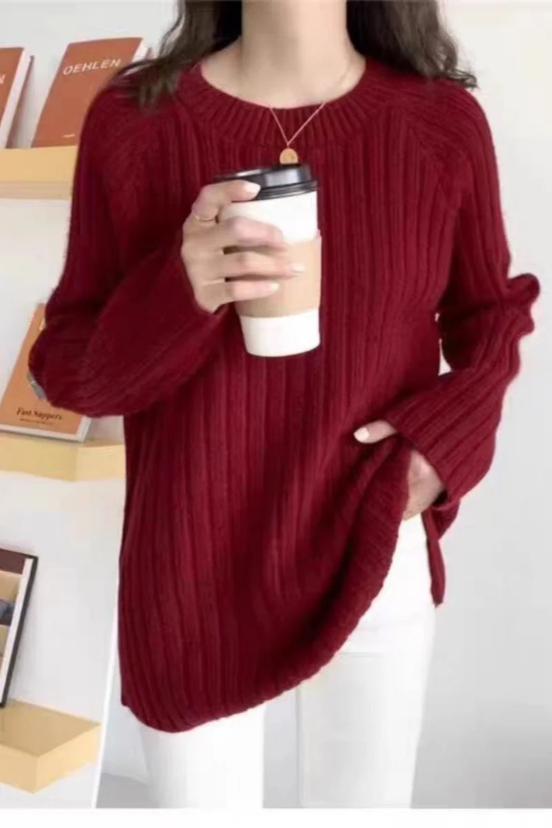 Sweater Women Autumn Winter Loose Wear 2025 Hot Selling 100%High-Density Knitted Pure Wool Sweater Solid Color Base Pullover Top