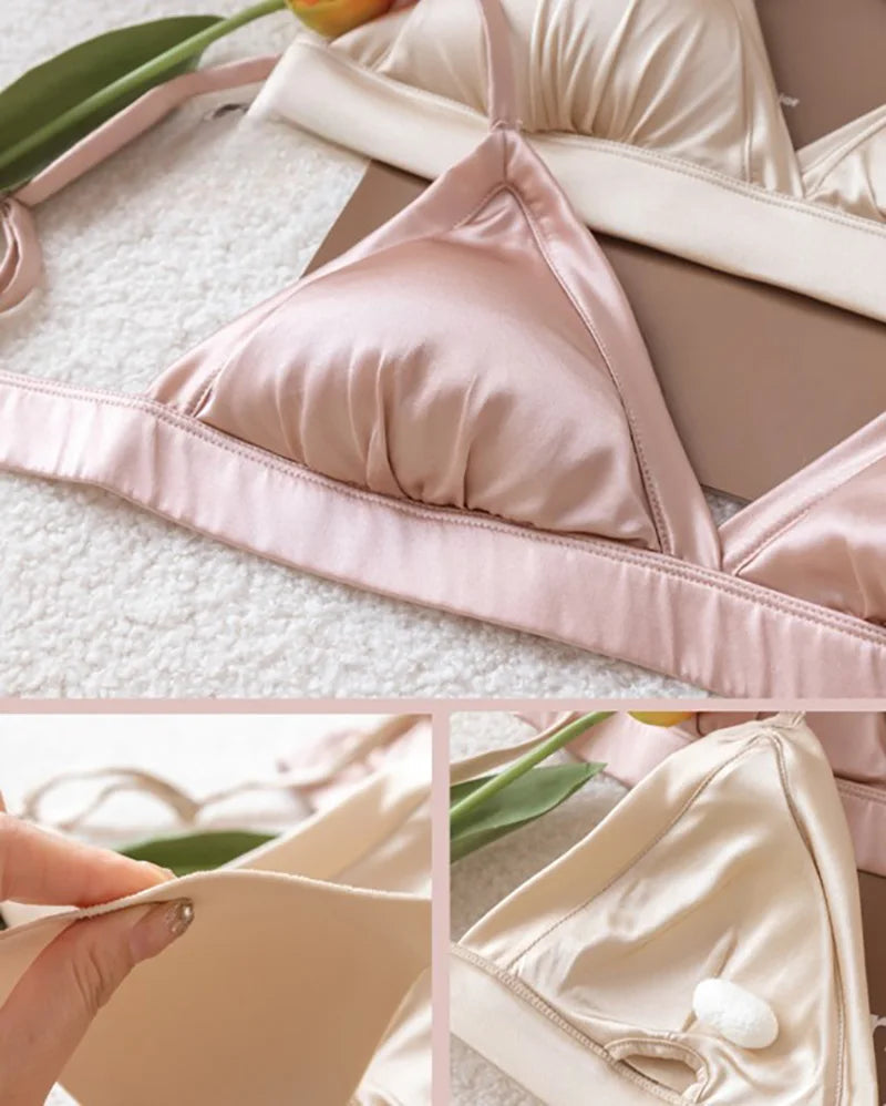 Bralettes for Women 93.8% Mulberry Silk Bra Wireless Wire Free No Underwire Sleep Padded Sexy Triangle V Neck Everyday Bra