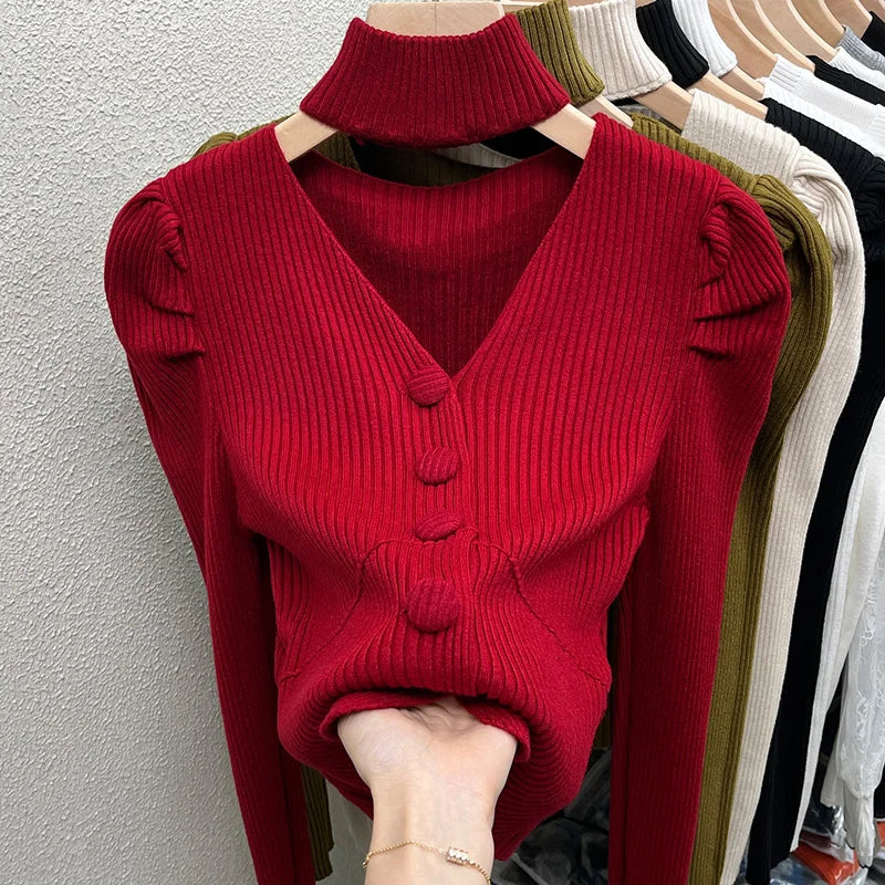 Red Sweater Knitted Sweater Women's Inner Layering Shirt with Unique Unique V-neck Halter Top Design for Autumn and Winter