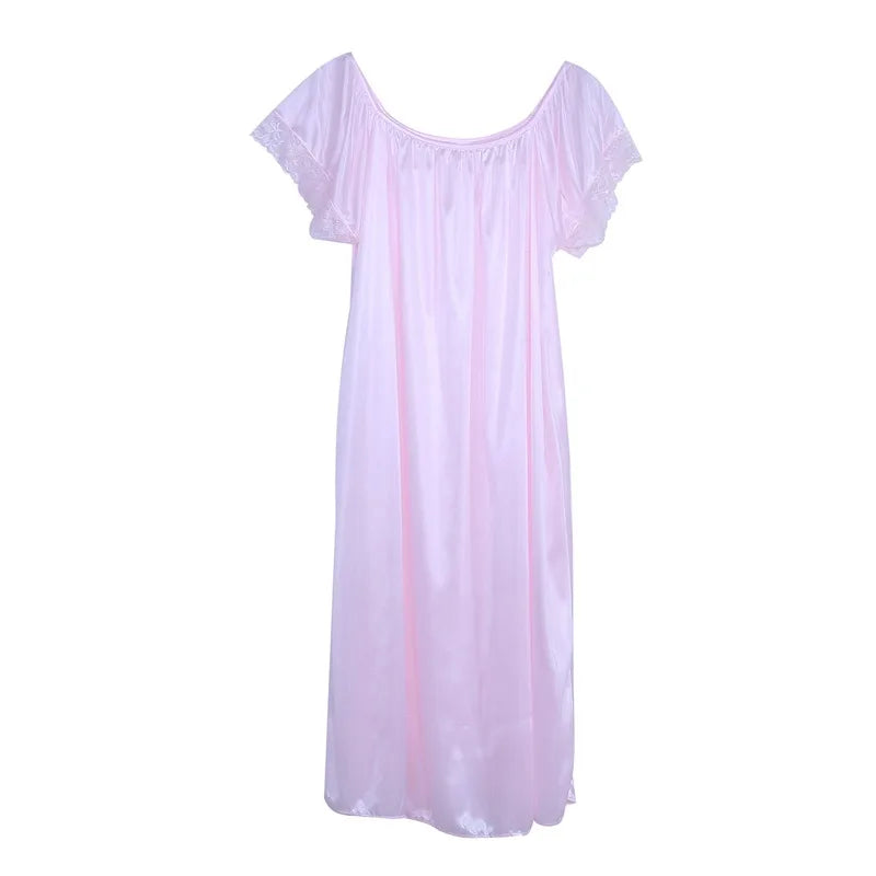 Women Night Gowns Sleepwear Lace Patchwork Nightwear Long Sleeping Dress Casual Ladies Home Dressing