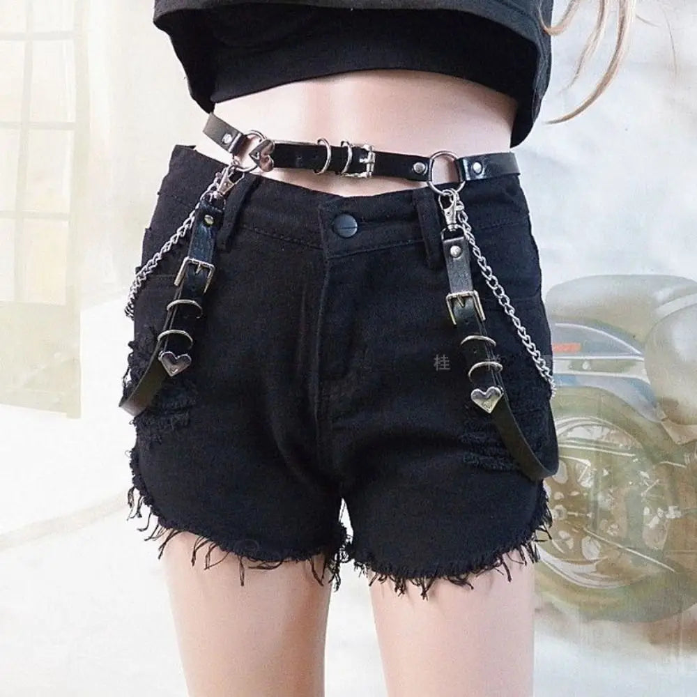 Women Skirt Belt Female Pu Leather Hip Hop Rock Nightclub Sexy Jeans Dress Heart Punk Belt with Metal Waist Chain