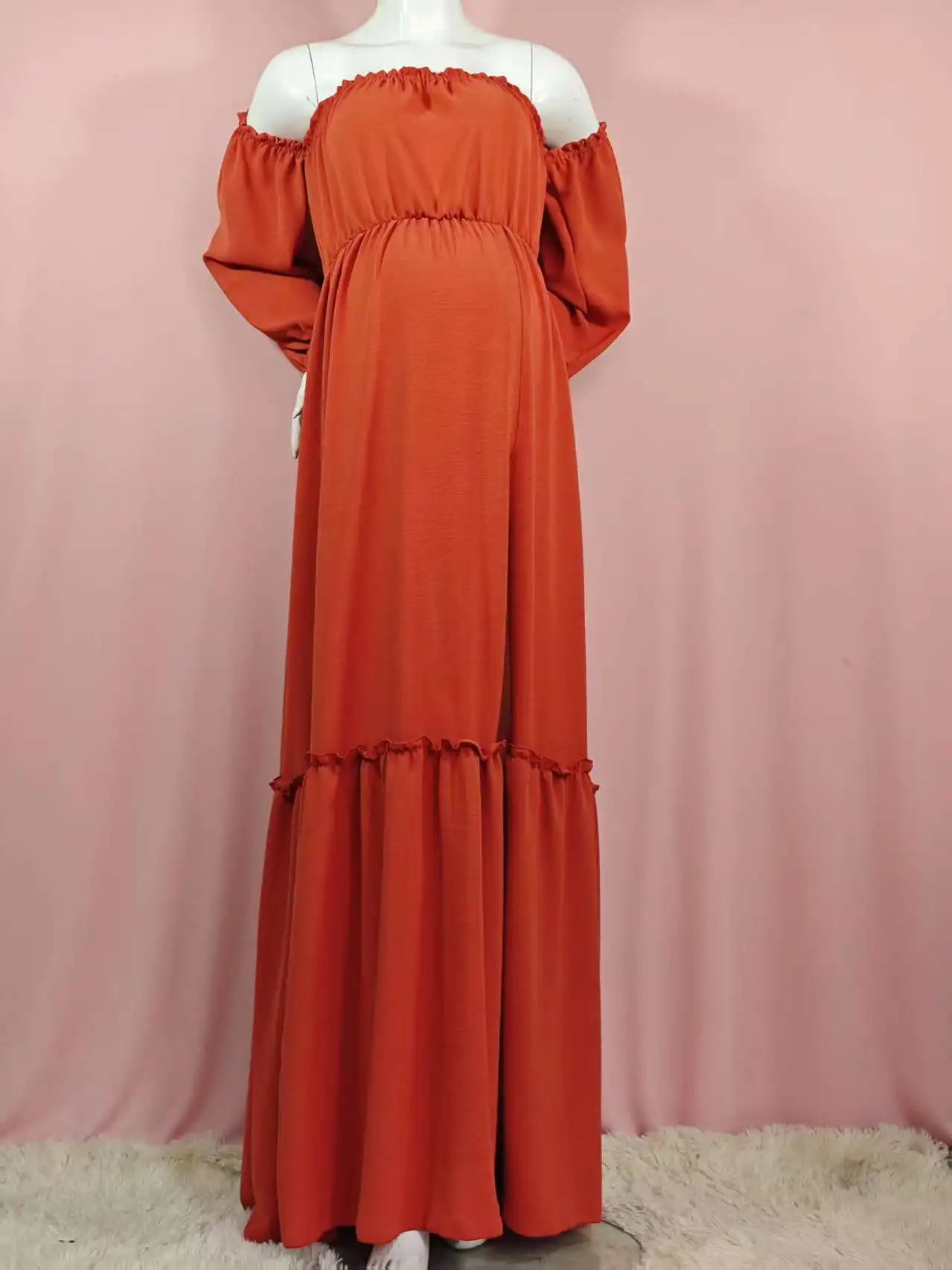 Maternity Photoshoot Dress - Sexy Off-Shoulder Gown Playful Puff Sleeves & Leg-Baring Slit Clothes for Pregnant Women Photograph