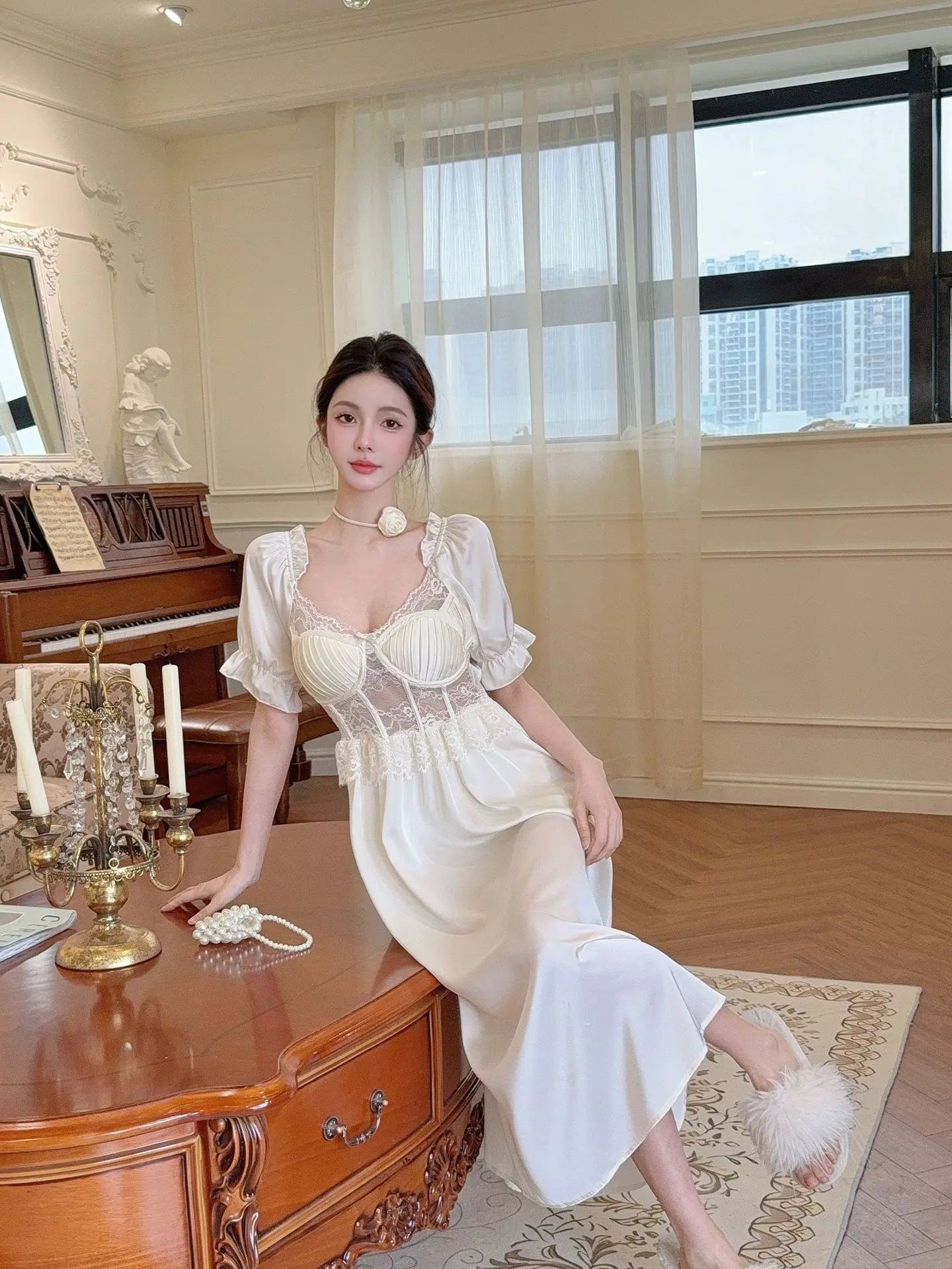 Women Long Nightgown Sleepwear Elegant Retro Court Style Nightdress Home Dressing Gown Spring Summer Rayon Sexy Lace Loungewear