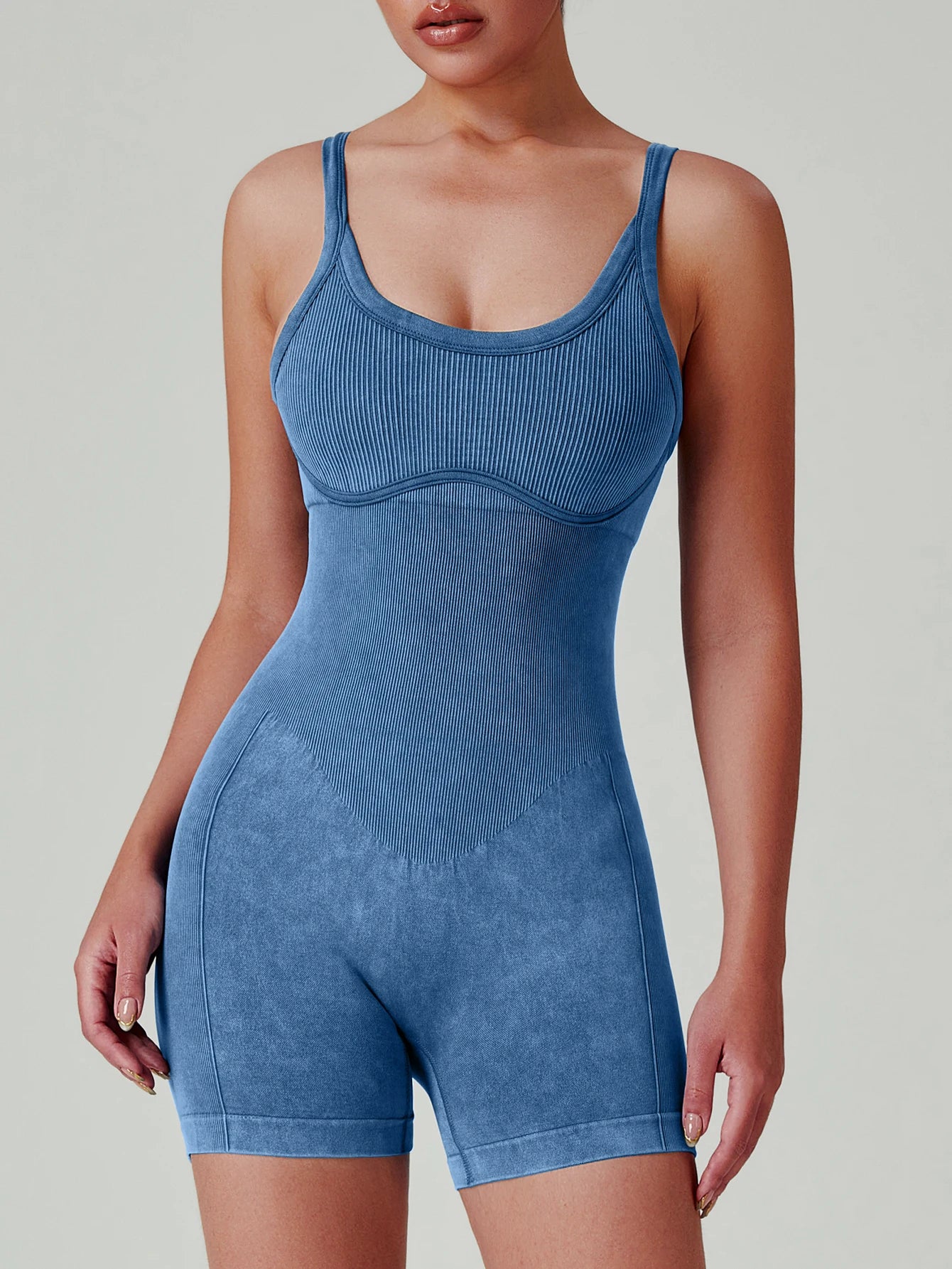 Women's Washed Yoga Bodysuit High Waisted Seamless 4-Way Stretch Workout Activewear Breathable Quick-Dry Lounge Jumpsuit