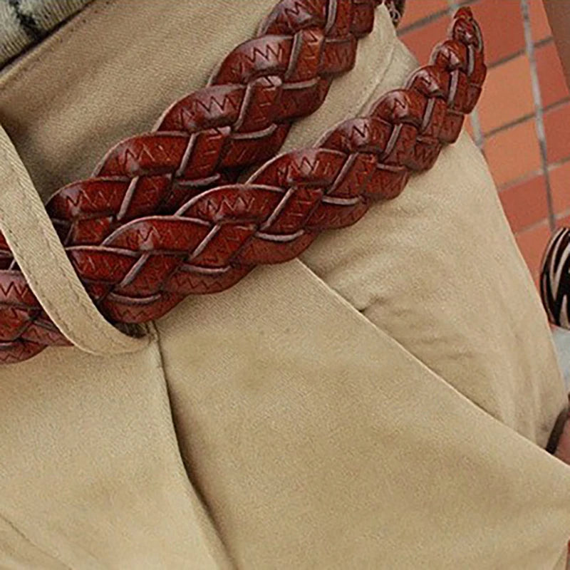 Women Leather Belt Waist Bands with Round Gold Buckle Braided Dress Belt Casual Thin Belt For Student Ladies Clothes Accessories