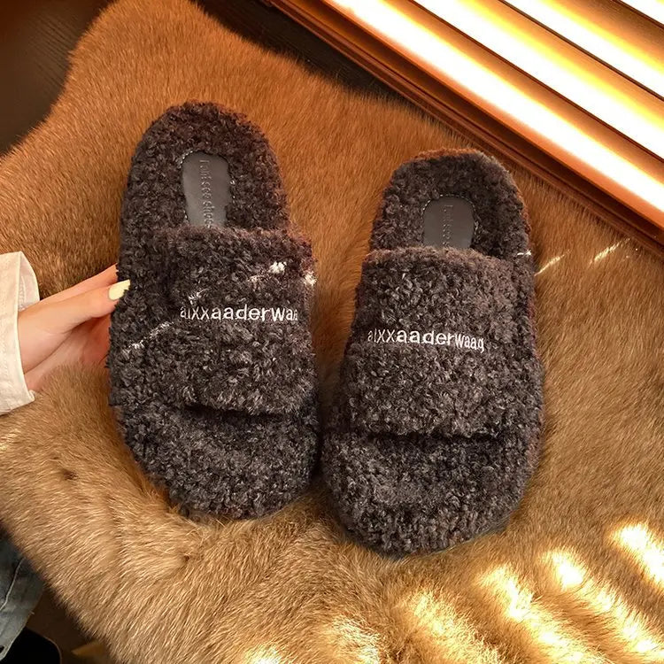 Shoes Woman 2025 Cover Toe Slippers Casual Platform Fur Flip Flops Pantofle Luxury Plush New Slides Shoes Woman 2024 Plush Slipp