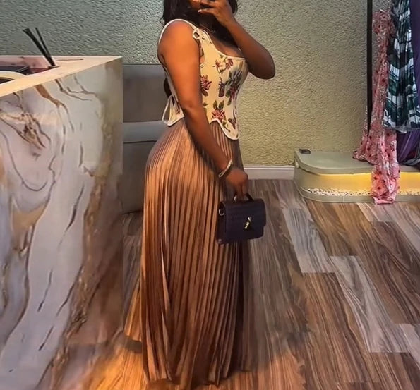Elegant Party Dresses Woman Sexy New Sweet and Fresh Printed Waist Collection Tank Top High Waist Pleated Skirt Two Piece Set