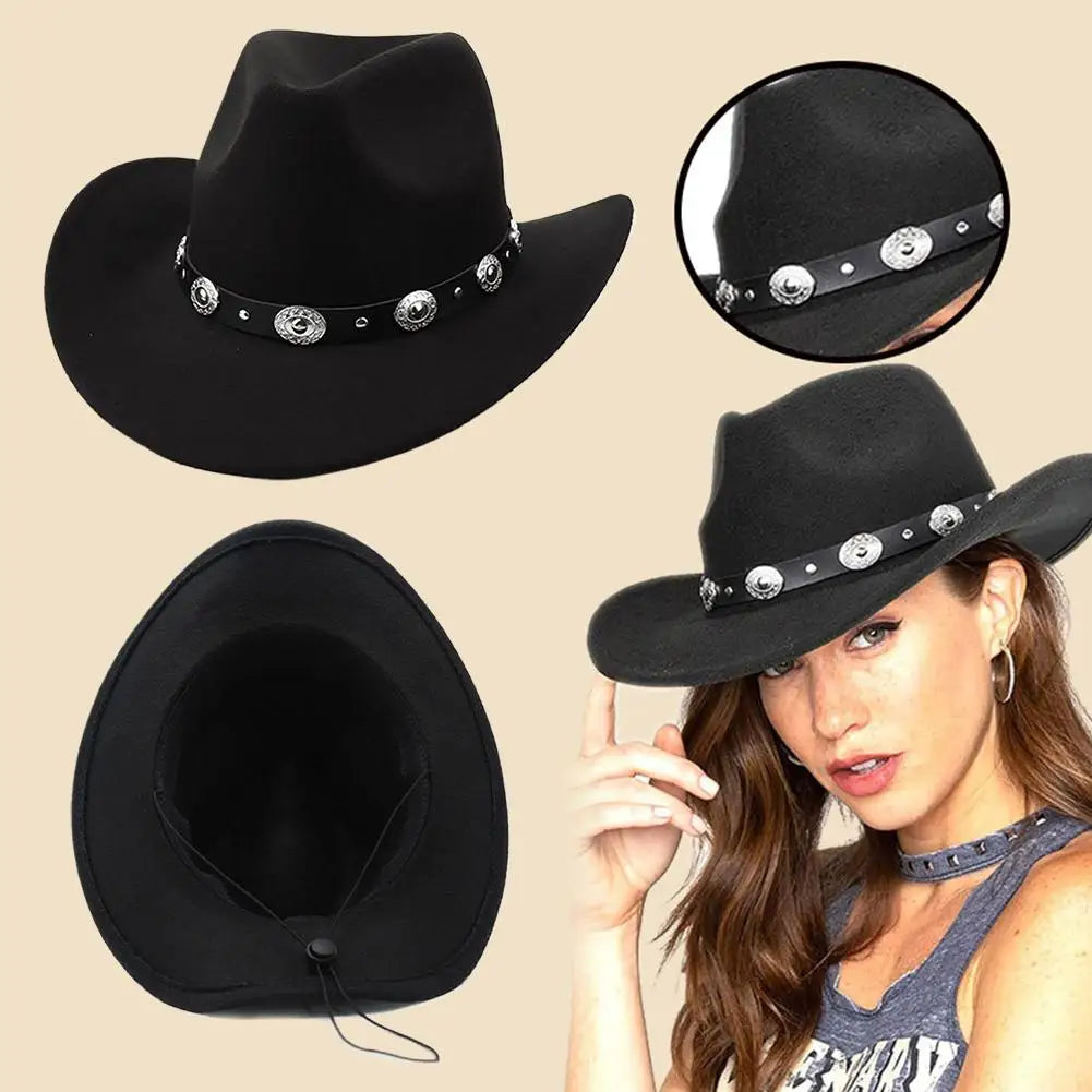 Felt Cowboy Hat for Women Men Rolled Wide Brim Cowboy Hats Western Hat with Buckle Belt Cowboy Cowgirl Hat