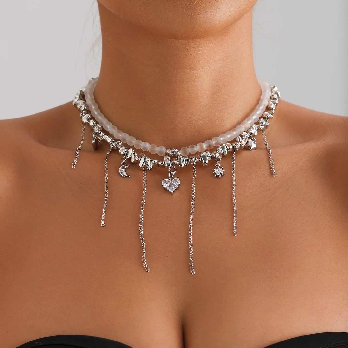 Y2K Heart Beaded Necklace Women Boho Irregular Crystal Class Gravel Clavicle Chain Cool Y2K Choker Exquisite Fashion Jewelry
