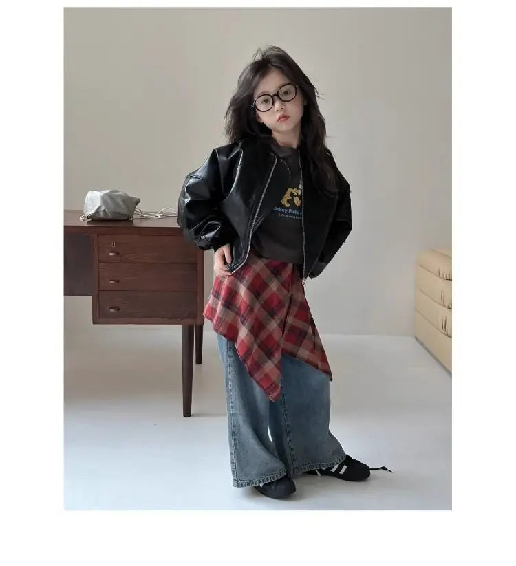 Girls' outerwear Spring and Autumn 2025 New Fashionable Outerwear Short Leather Jacket Autumn Clothing for Children