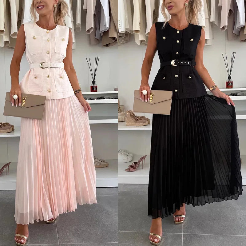 Elegant Long Dresses 2 Piece Set Women Summer Autumn Top Single Breasted Tweed Jacket A Line Chiffon Maxi Skirts Suits Outfits