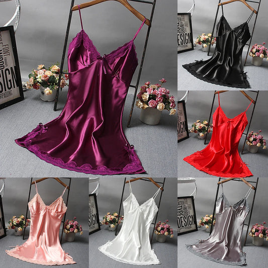 Ladies Sexy Silk Satin Night Dress Nightgown Sleeveless Lace Lingerie Sleepwear Ladies Wrap Dress Robe Sleepwear