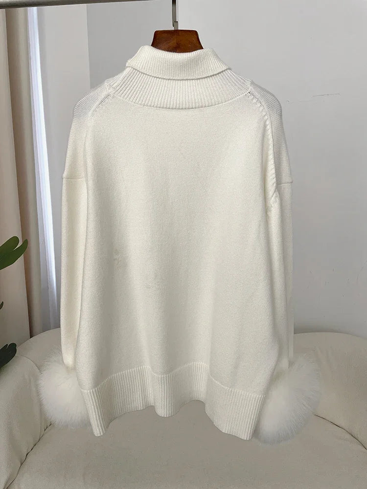 Sweater Women 2024 Autumn Winter Fashionable Sweaters with Real Fox Fur Sleeves Slim Fit Sweaters Fur Knitwear England Style
