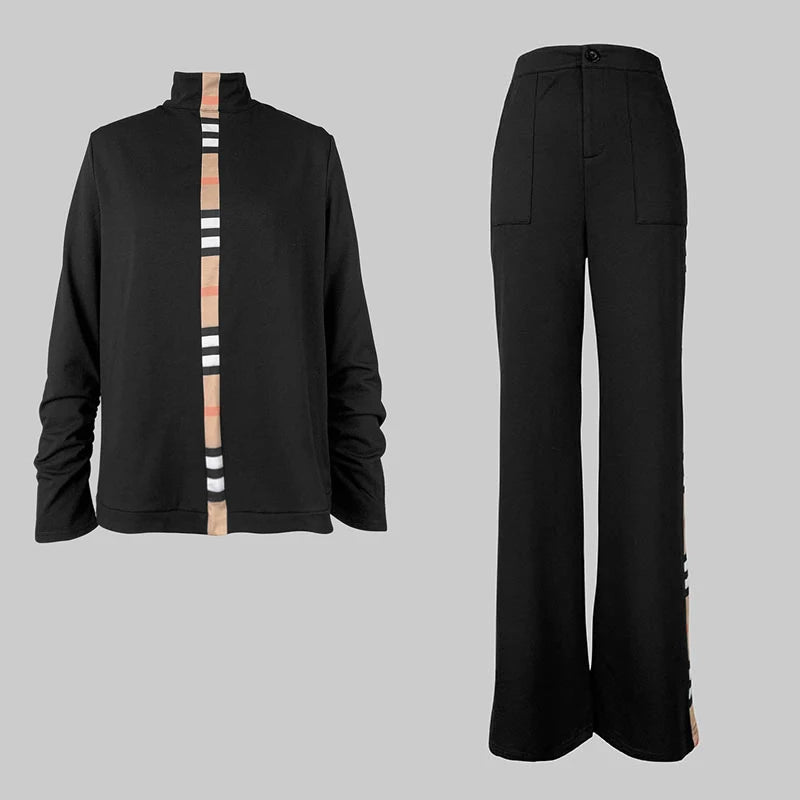 2025 Trousers Sets Women's Two Pieces Set New Spring Elegant Contrast Color High Neck Long Sleeves Wide Leg Pants Suit