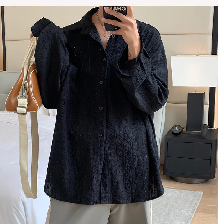 Shirts for Men Hollow Out Lapel Men Blouse Vacation Sexy Handsome Fashion Men Clothing Mesh Long-sleeved Shirts Black/Apricot