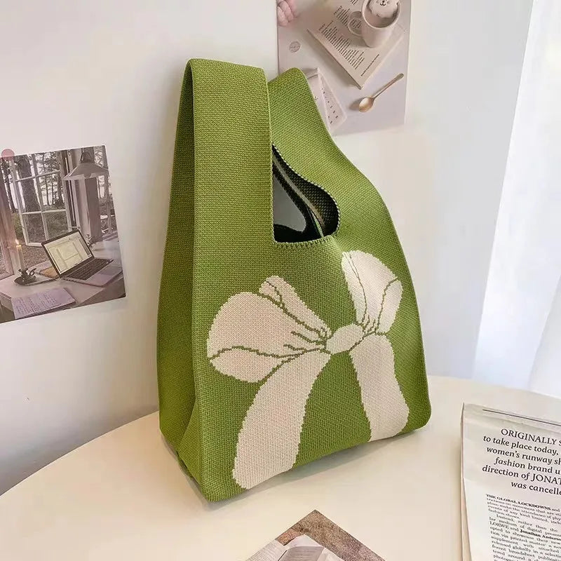 Women's Bow Handbags Women's Knitted Handbags Versatile Wrist Bags Tote Bags Top-Handle Bags Mini Striped Tote Bucket Phone Bag