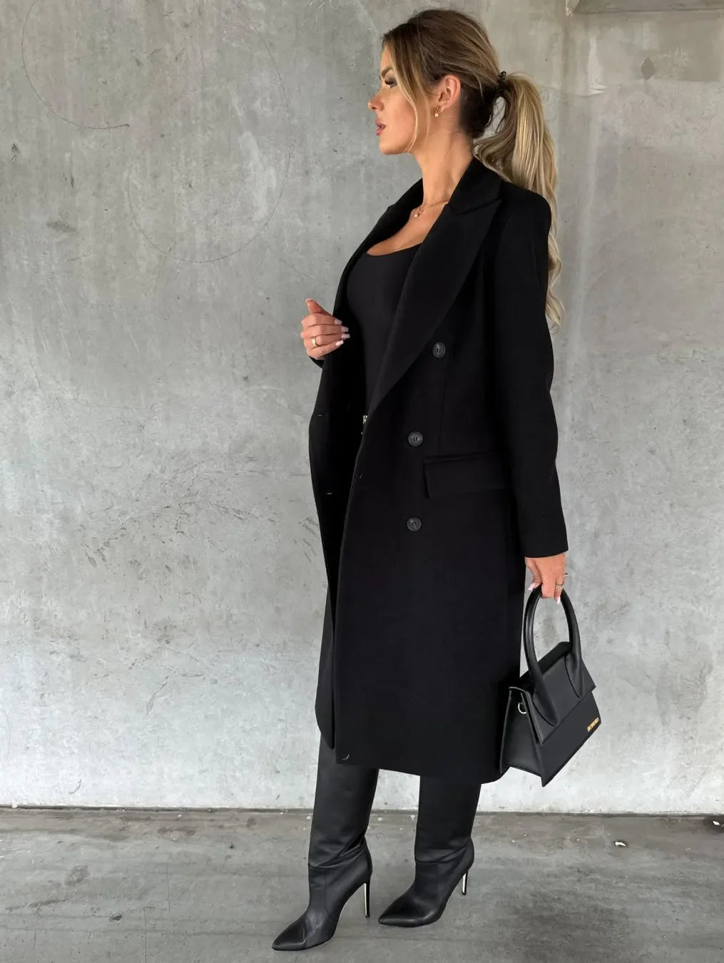 Women Double Breasted Woolen Outerwear Solid Color Long Overcoat Commuter Style Turndown Collar Lady Outerwear for Autumn Winter