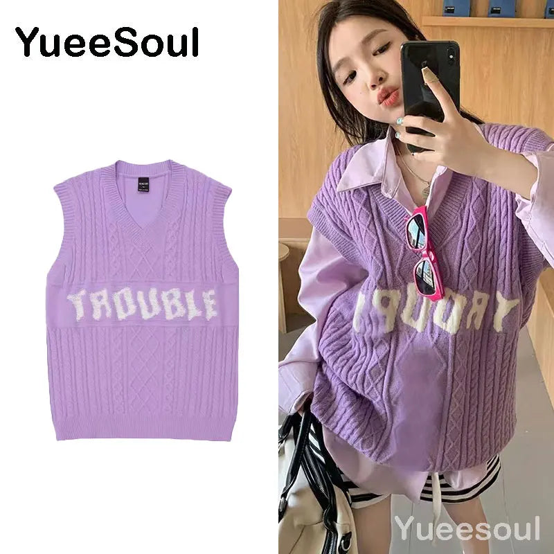 Sweet Kawaii Sweater Vest Printed Sleeveless Casual Outerwear Knitted Waistcoat 2023 Vintage Y2K Spring  E Girl Pullovers Tops