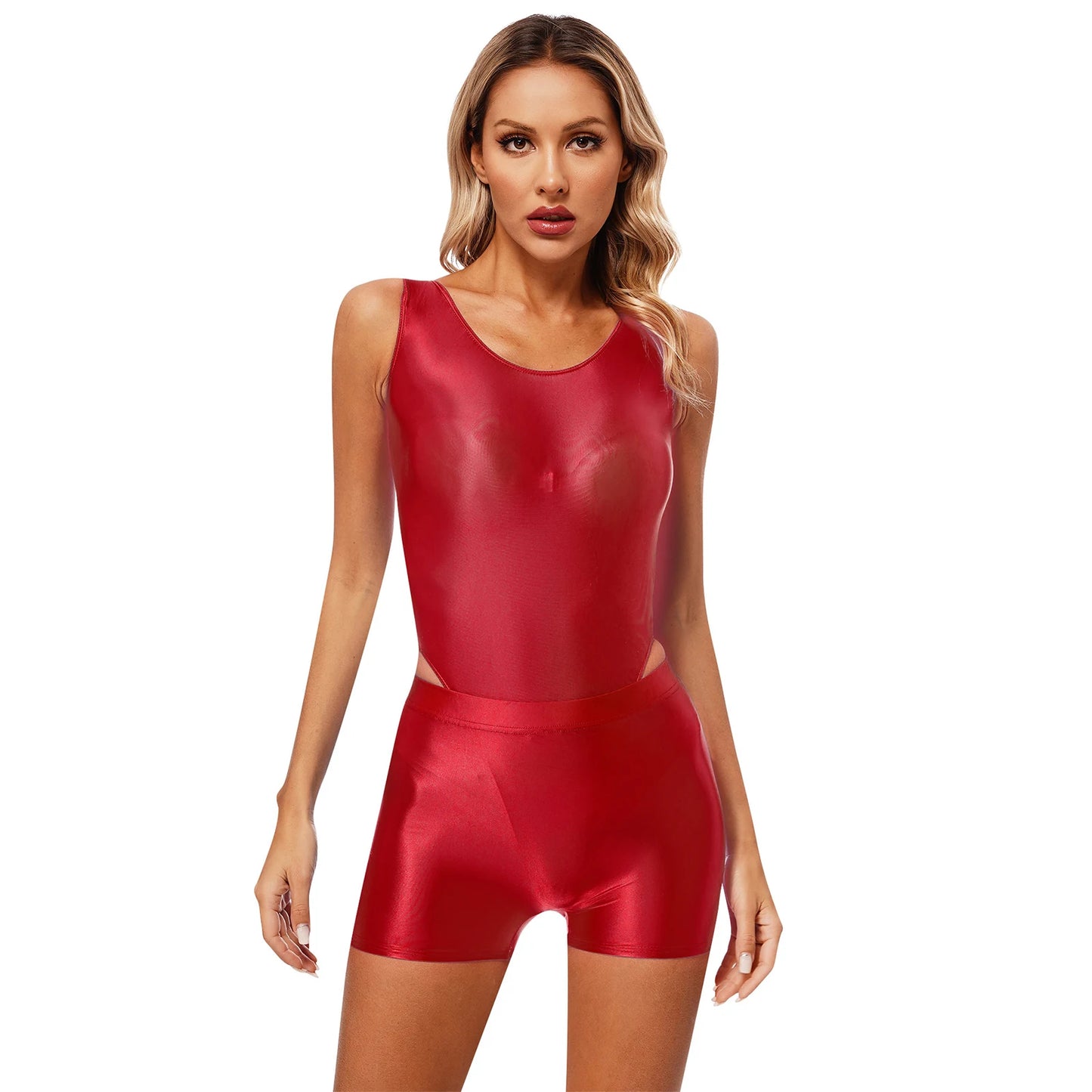Womens Glossy Swimsuit High Cut Backless Sleeveless Bodysuit with Elastic Waistband Shorts for Gym Yoga Sports Fitness Swimming