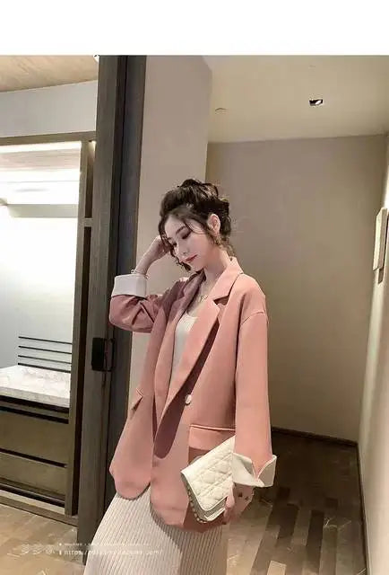 Long Blazers Woman Spring Casual Office Lady Lapel Double-breasted Slim-fit Elegant Solid Color Fashion Outerwear Minimalist