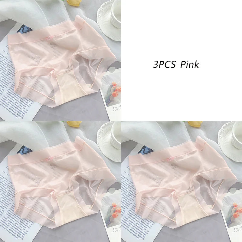 3PCS Women Seamless Panties Ice Silk Transparent Breathable Antibacterial Panty Mid-waist Briefs Cotton Underwear