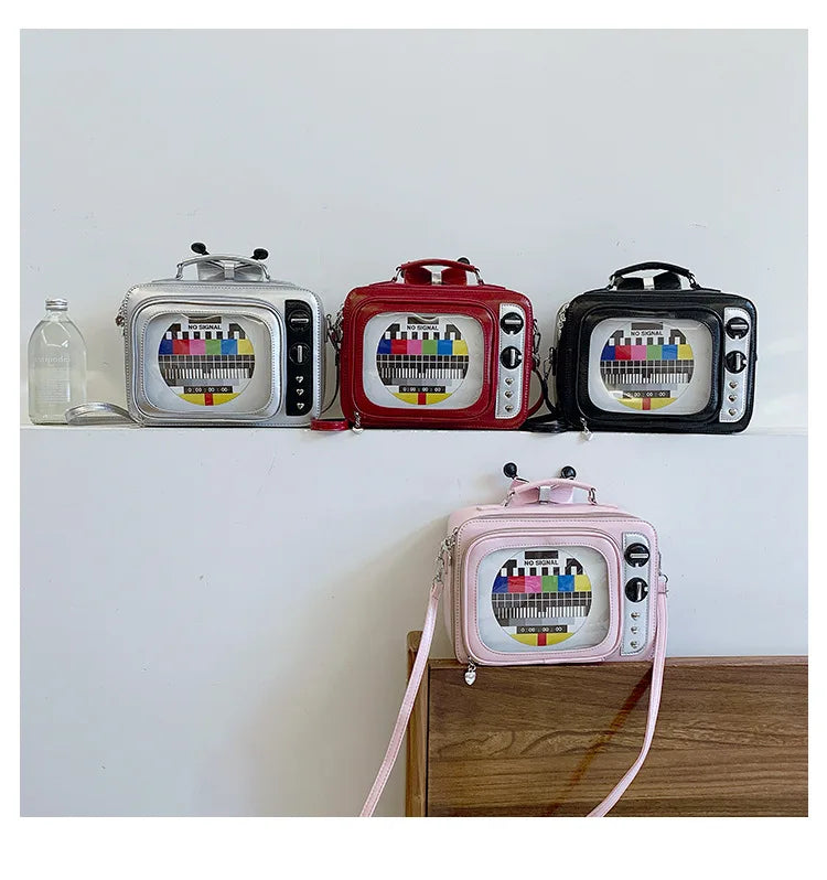 Cartoon Cute Handbags for Women Funny Retro TV Transparent Square Bag Fashion Leather Personalized Creative Shoulder Bag Woman