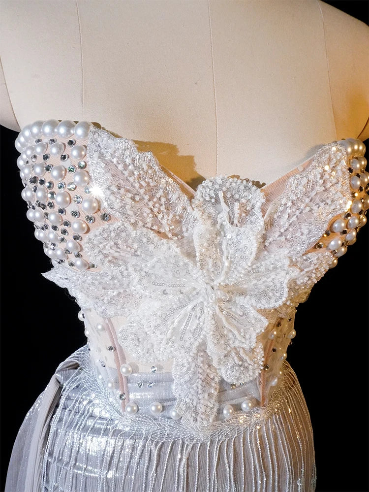 sexy women Two piece sets Evening Pearl dress nightclub party birthday wedding  stage flower dress singer pole dance clothing