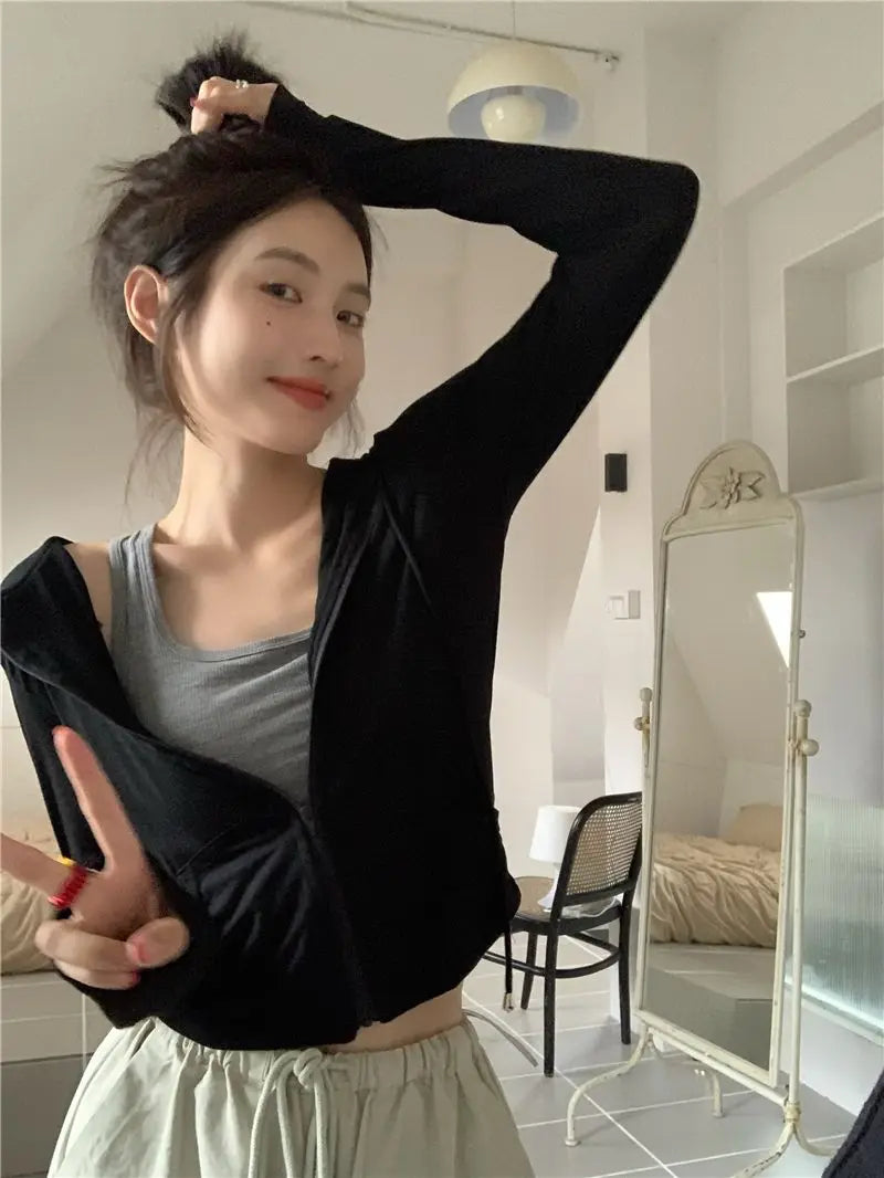 Hooded Jackets Women Thin Sunscreen Solid Fashion Summer Long Sleeve Cropped Coats All-match College Breathable Sporty Popular