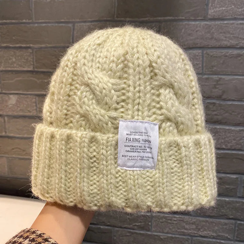 New Hat Women's Coarse Knitted Knitted Wool Hat Autumn and Winter Versatile Big Head Circumference Green Loose Ins Trendy F