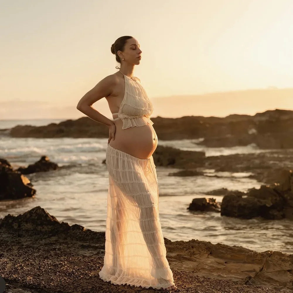 Maternity Dress for Showers - Sexy Pleated camisole Skirt Fashion Neck Hanging Vest for   Pregnant Women's Photography Dress