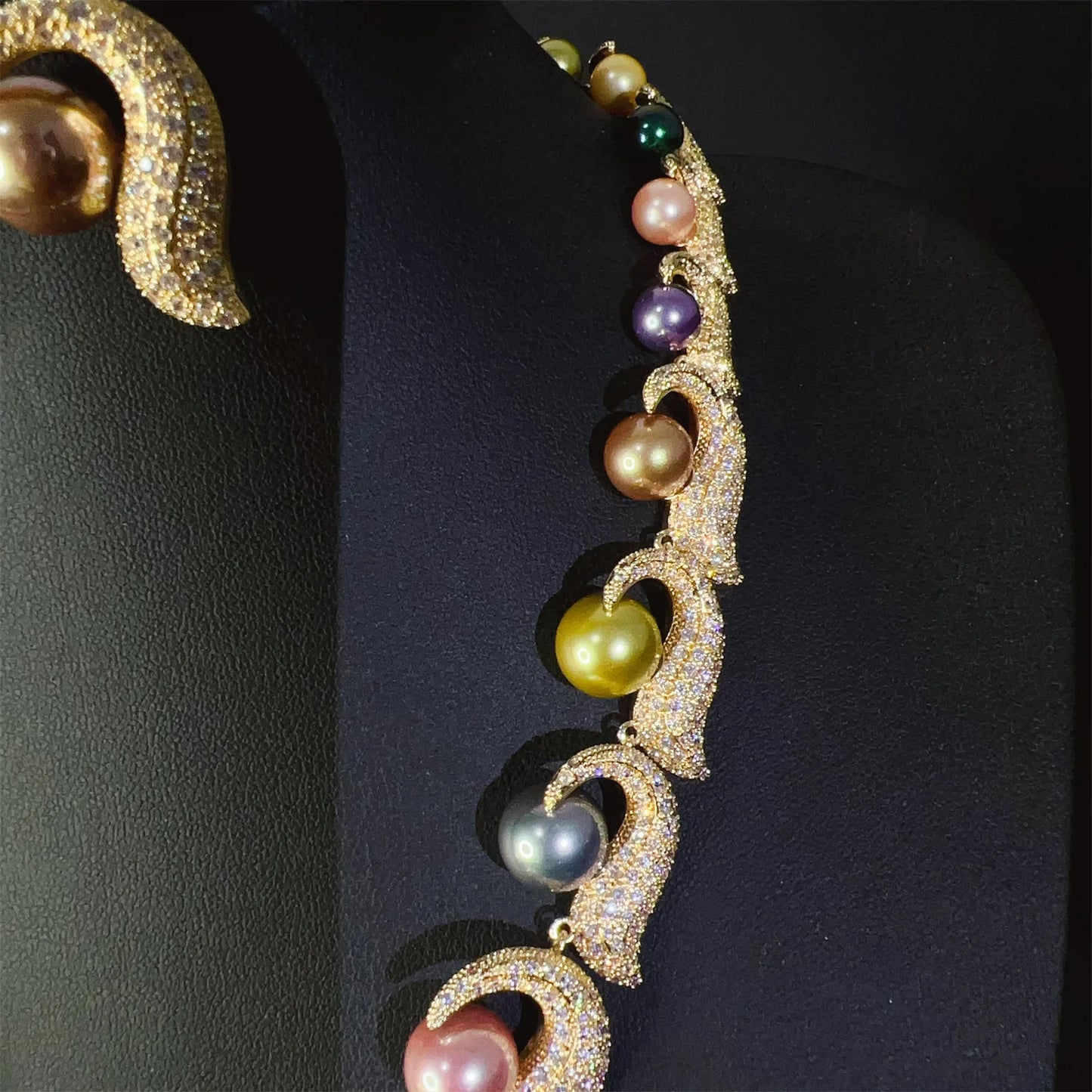 wedding bride jewelry sets silver gold color colorful pearls jewelry dinner party shiny zirconia anniversary gift women