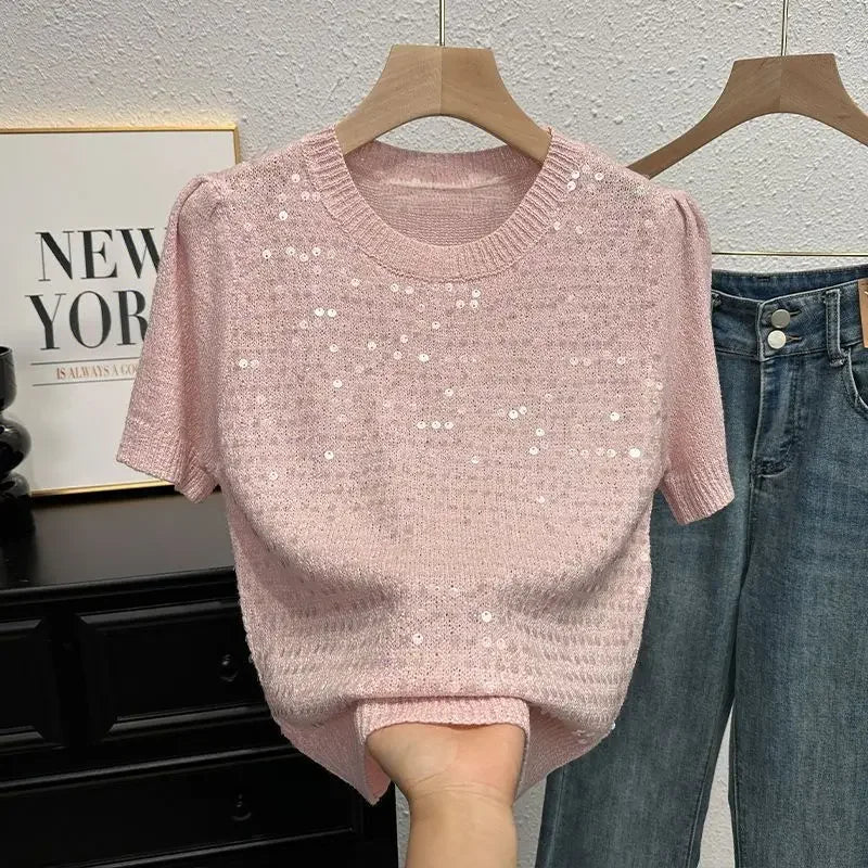 Summer Sweater Short-sleeved T-shirt for Women Temperament and Fashionable Versatile Half-sleeved Sweater Sequin Top
