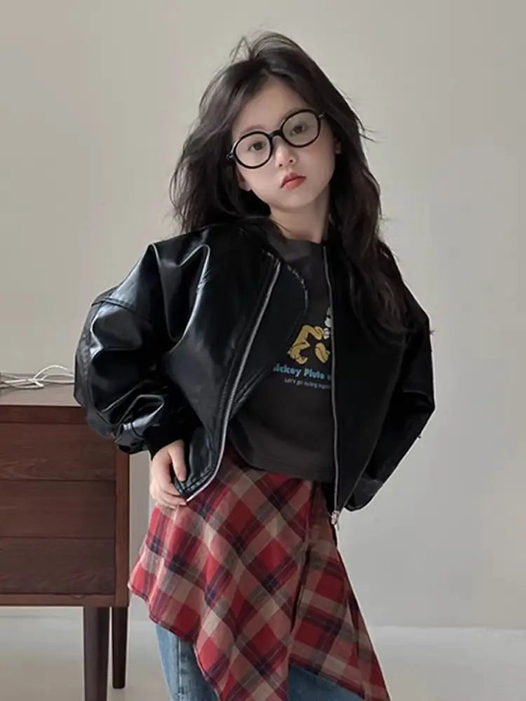 Girls' outerwear Spring and Autumn 2025 New Fashionable Outerwear Short Leather Jacket Autumn Clothing for Children