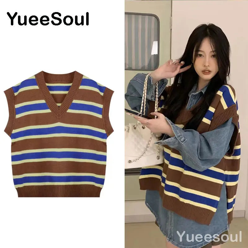 Sweet Kawaii Sweater Vest Printed Sleeveless Casual Outerwear Knitted Waistcoat 2023 Vintage Y2K Spring  E Girl Pullovers Tops