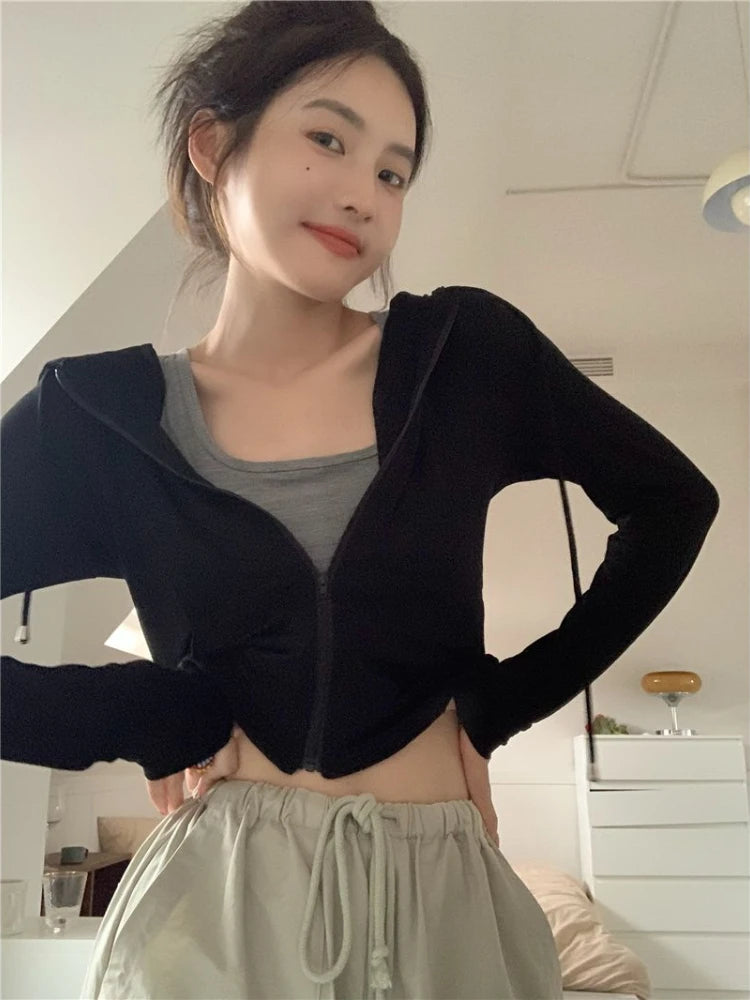 Hooded Jackets Women Thin Sunscreen Solid Fashion Summer Long Sleeve Cropped Coats All-match College Breathable Sporty Popular