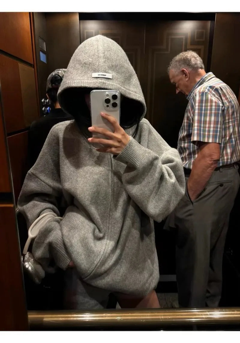 Sweater Set Women American Vintage Hooded Long Sleeve Cardigan Straight Shorts Grey Two Piece Outfit Fall Winter Streetwear Set