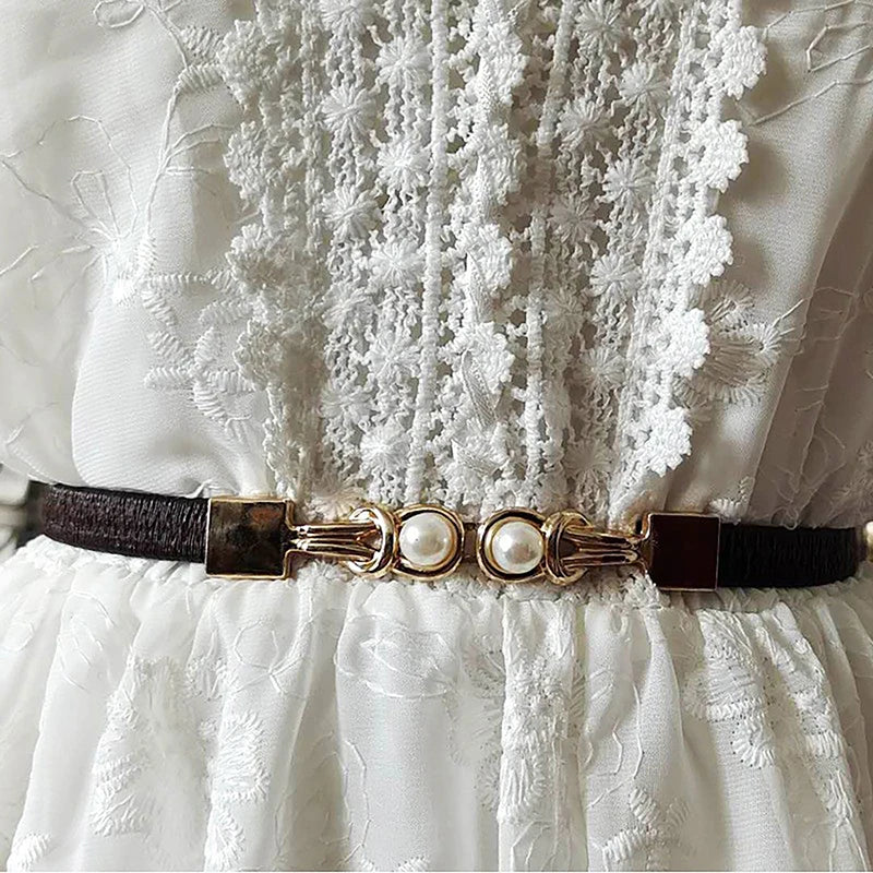 Elegant Double Pearls Buckle Elastic Women Belts Black Thin Straps Lady Girl Dress Skirt Decor Waistbands